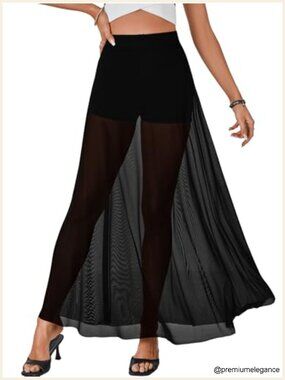 Women's Sheer Mesh Maxi Skirt High Waisted A-Line Flowy See Through Long Skirts
